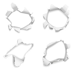 Set of holes torn in white paper with curled rolled edges on transparent background - 616996787
