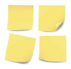 Set of four realistic blank yellow post it notes isolated on transparent background