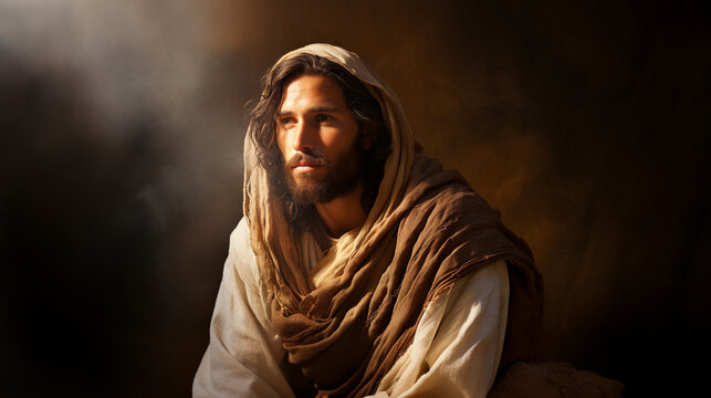 Serene portrait of Jesus, capturing his compassion and love, characters from the Bible Generative AI