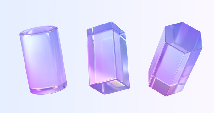 Glass cylinder, rectangle and hexagon 3d render icons set. Abstract geometry shapes with holographic gradient texture, crystal rainbow objects, graphic elements isolated on background. 3D illustration
