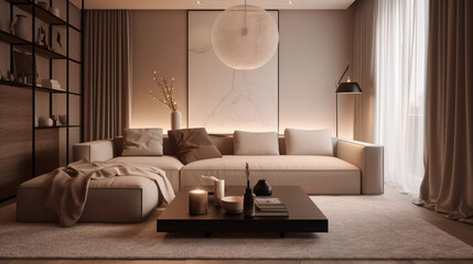Modern interior japandi style design livingroom. Lighting and sunny scandinavian apartment with plaster and wood. AI generation