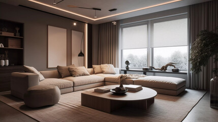 Fototapeta premium The living room in an apartment, The wall surface has symmetrical wood finish and white latex paint. AI generation