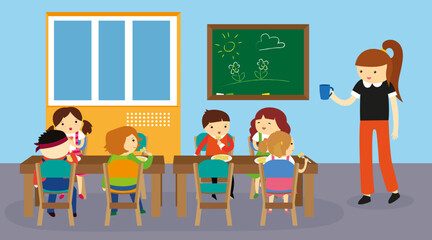 Teacher and pupils in the classroom vector illustration. Flat design.