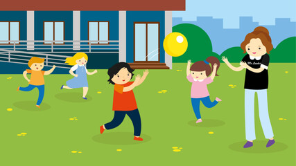 Children playing with ball in the park. Flat design vector illustration.