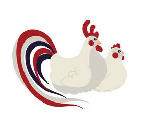Fototapeta na wymiar Hand drawn two grey domestic birds, hen and a rooster, solated vector illustration with texture in flat style