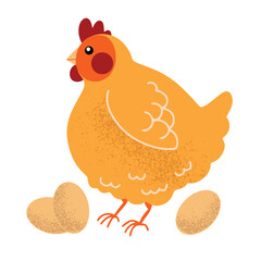 Cute hand drawn chubby chicken and eggs, isolated vector illustration in flat style with texture