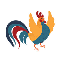 Hand drawn cute happy rooster with texture in flat style, isolated vector illustration