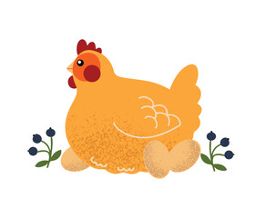 Hand drawn cute golden hen hatches the eggs, isolated vector illustration in flat design