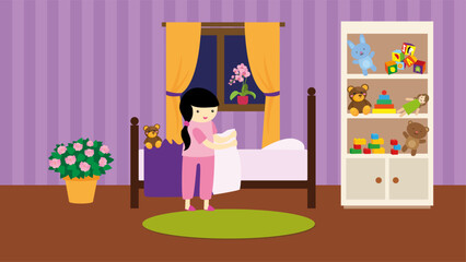 Little girl playing with toys. Vector illustration in flat cartoon style.