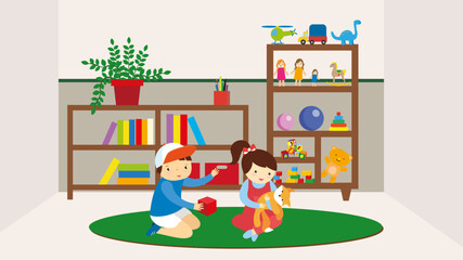 Children playing with toys in the room. Flat design vector illustration.