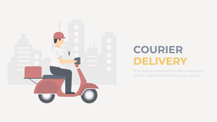 Courier delivery concept. A character on a bike delivers an order around the city. Fast delivery vector.