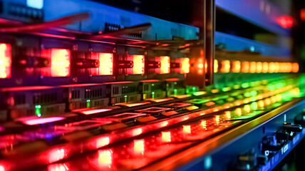 Data center with server racks, Row of network servers with glowing LED lights.