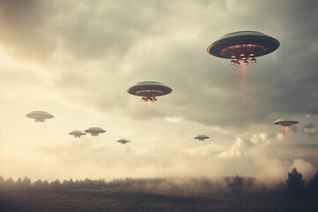 Naklejka na ściany i meble An intriguing photo showcasing an array of unidentified objects, presumably UFOs, flying in formation against a backdrop of a cloudy sky, evoking a sense of enigma.
