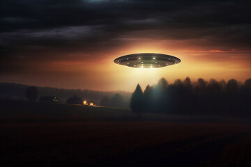 An eerie yet fascinating photo featuring the silhouette of a UFO hovering ominously over a rural landscape bathed in the soft glow of dusk.