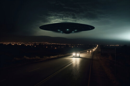 A captivating photo showing a UFO casting an ominous shadow over a deserted highway, under the illuminating glow of the moon, stirring a sense of mystery and isolation.
