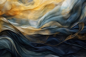 Flowing fabric background in nave blue and gold tones. Ribbons of silk or chiffon in the wind. Delicate textile in soft tones. Digital illustration. AI - obrazy, fototapety, plakaty