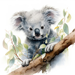 Cute koala in a eucalyptus tree isolated on white background. Watercolour digital illustration. AI.