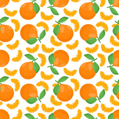 Seamless pattern with Tangerine or Mandarin orange. Repeating texture of fresh whole tangerine and cut Mandarin slices on white background. Clementine orange ripe fruit. Flat vector