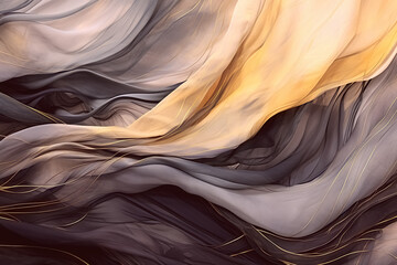 Flowing fabric background in mauve and gold tones. Ribbons of silk or chiffon in the wind. Delicate textile in soft tones. Digital illustration. AI