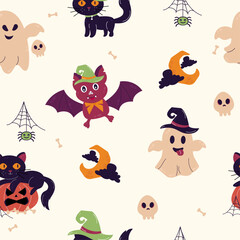 Seamless Pattern Halloween characters cat, ghost, bat