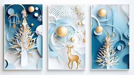 Collection of Christmas cards. Christmas holiday composition 3d. Deer and trees. Snowy trees, gifts, gold. Background, postcard