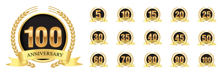 Set of golden anniversary badges with ribbon and laurel wreath - obrazy, fototapety, plakaty