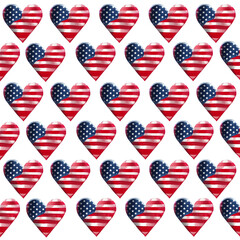 USA flag heart shape seamless pattern  on a transparent background (PNG). Generative AI.