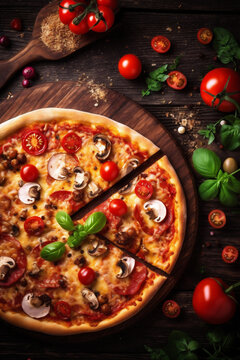 fast pizza italian black food meal copy food tomato background dough cheese space. Generative AI.