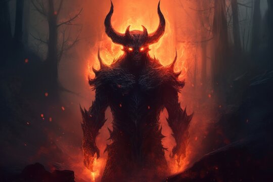 Demon from hell with burning red glowing flames and particles in mystical place. Generative AI 9