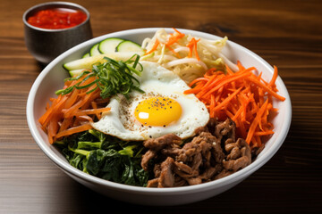Traditional Korean dish Bibimbap on the table. Close-up.
