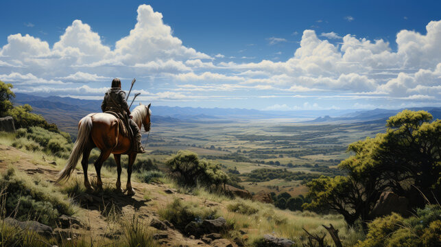 Generative ai illustration of horseman on top of a hill, detailed, path up the hill, vast landscape