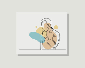 Continuous line drawing of business man boss male standing looking away against. Single one line drawing of standing man thinking. Vector illustration