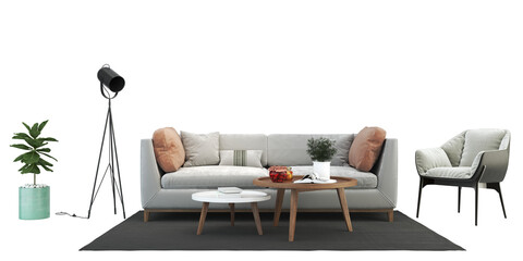 Modern interior furniture. Living room interior house floor template background frame mockup design copy space 3d render, isolated on transparent background	

