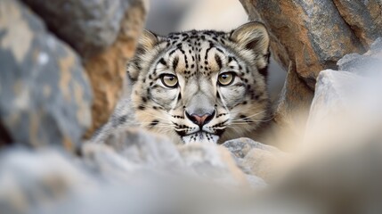 Fototapeta premium Snow leopard on a clean rocky background. Wildlife scene from Asia. Detailed portrait of beautiful big cats Panthera uncia. Generative ai.