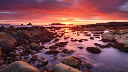 Obraz premium Stunning sunset over the ocean with rolling waves..Picturesque purple sunset over the beach sea. Generative ai.