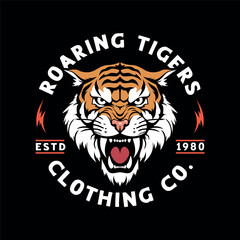 tiger vintage clothing emblem, roaring tiger, aggressive