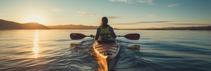 A man gracefully kayaks on the calm surface of the water. Generative AI