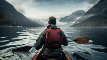 A man gracefully kayaks on the calm surface of the water. Generative AI
