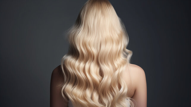 
lindo cabelo loiro ondulado vista traseira, fundo cinza