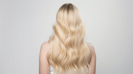 Fototapeta premium lindo cabelo loiro ondulado vista traseira, fundo branco