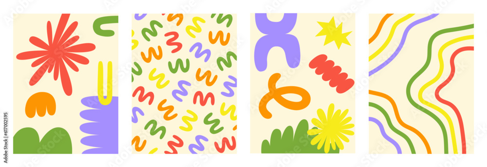 Poster Abstract retro set colorful backgrounds with naive playful shapes on a beige background.  Trendy vector illustration