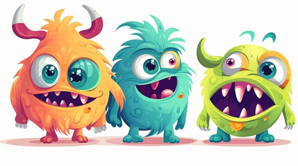 Obraz premium Personagens de quatro monstros de desenho animado, animais alienígenas fofos e engraçados com olhos de ciclope, emoji de vetor infantil. Pequenas criaturas ou mascotes cômicos mutantes com sorriso e r