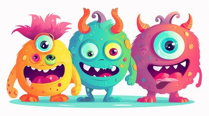 Fototapeta premium Personagens de quatro monstros de desenho animado, animais alienígenas fofos e engraçados com olhos de ciclope, emoji de vetor infantil. Pequenas criaturas ou mascotes cômicos mutantes com sorriso e r