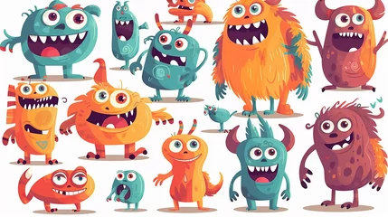 Badkamer foto achterwand Monster Personagens de quatro monstros de desenho animado, animais alienígenas fofos e engraçados com olhos de ciclope, emoji de vetor infantil. Pequenas criaturas ou mascotes cômicos mutantes com sorriso e r