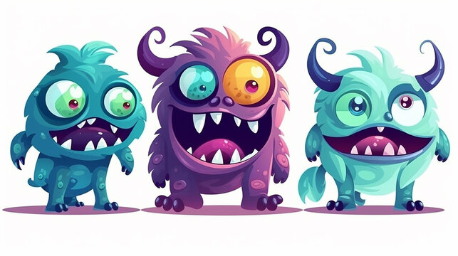 Personagens de quatro monstros de desenho animado, animais alienígenas fofos e engraçados com olhos de ciclope, emoji de vetor infantil. Pequenas criaturas ou mascotes cômicos mutantes com sorriso e r
