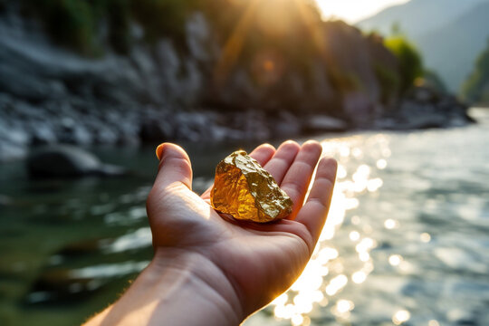A photo of a hand holding a sizeable gold nugget, with a flowing river as a backdrop, capturing the thrill of gold panning.
