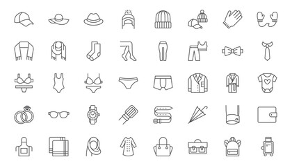 Clothes accessories line icons set. Glasses, backpack, umbrella, cufflinks, wallet, apron, hadkerchief, fedora visualization vector illustration. Outline signs of fashion supplement. Editable Stroke