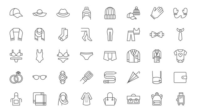 Clothes accessories line icons set. Glasses, backpack, umbrella, cufflinks, wallet, apron, hadkerchief, fedora visualization vector illustration. Outline signs of fashion supplement. Editable Stroke
