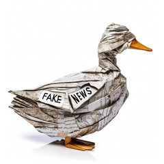 Symbol for fake news as a paper duck made out of newspaper, irony and humor in the style of social or political commentary commenting untrue press reports - obrazy, fototapety, plakaty