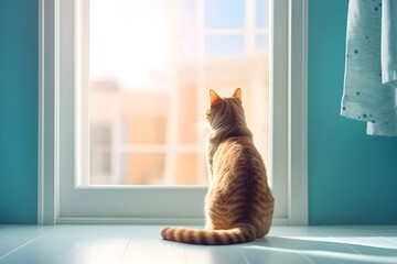 窓から外を眺める猫　with generative ai - obrazy, fototapety, plakaty